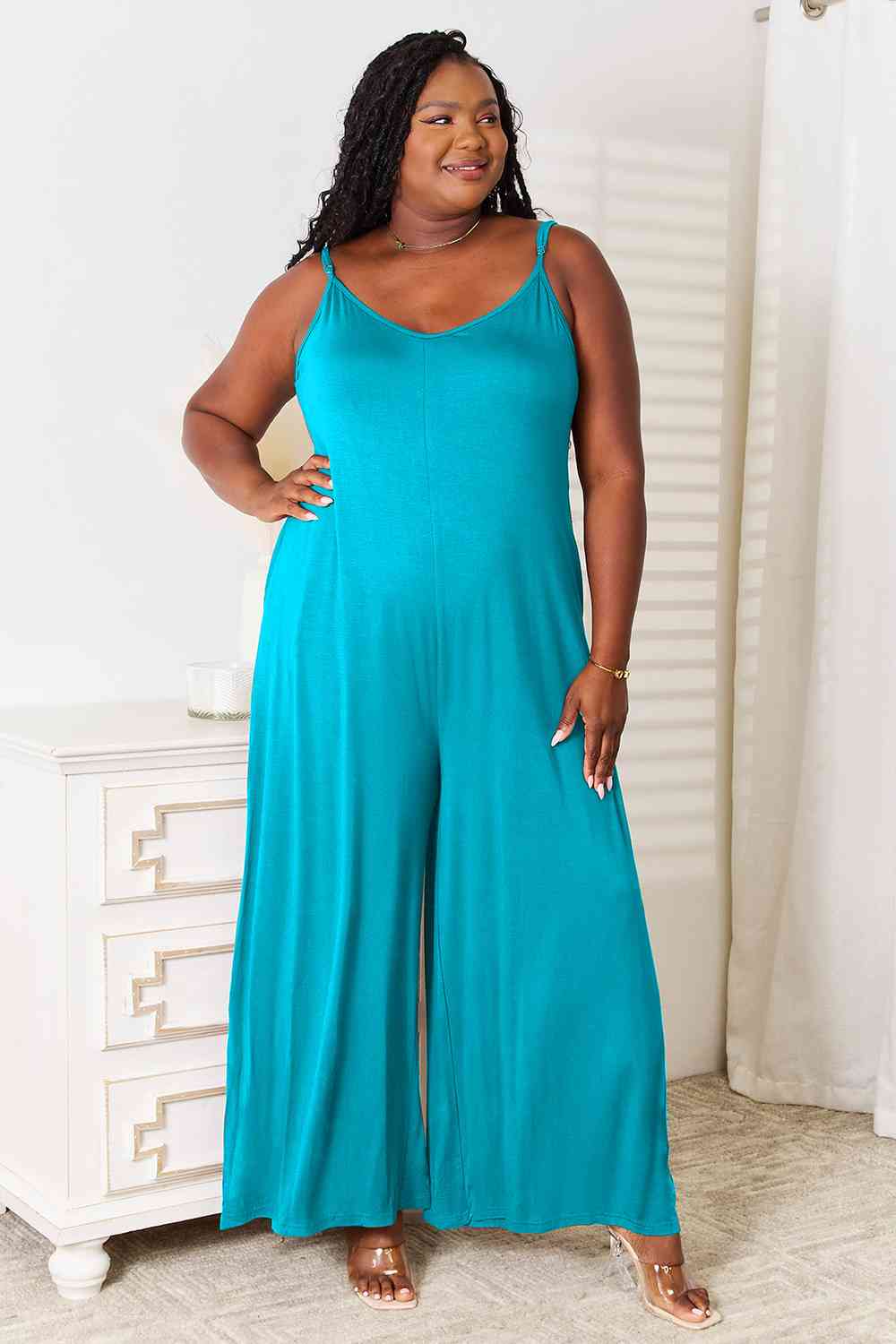 Double Take Soft Rayon Spaghetti Strap Tied Wide Leg Jumpsuit Jumpsuits & Rompers jehouze