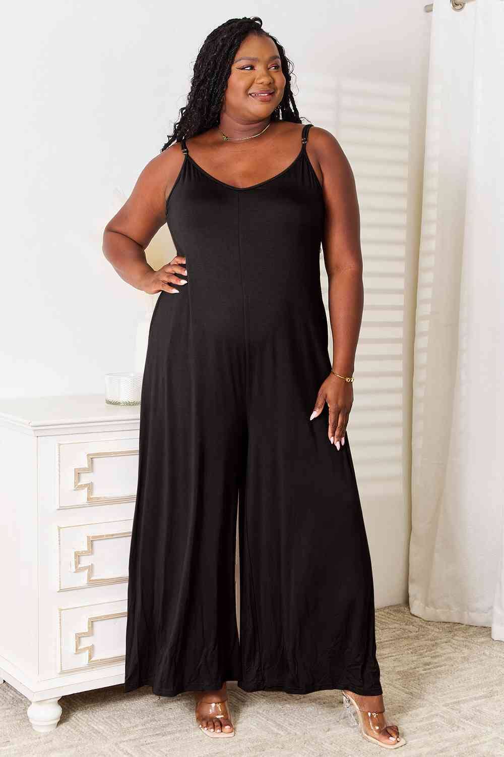 Double Take Soft Rayon Spaghetti Strap Tied Wide Leg Jumpsuit Jumpsuits & Rompers jehouze