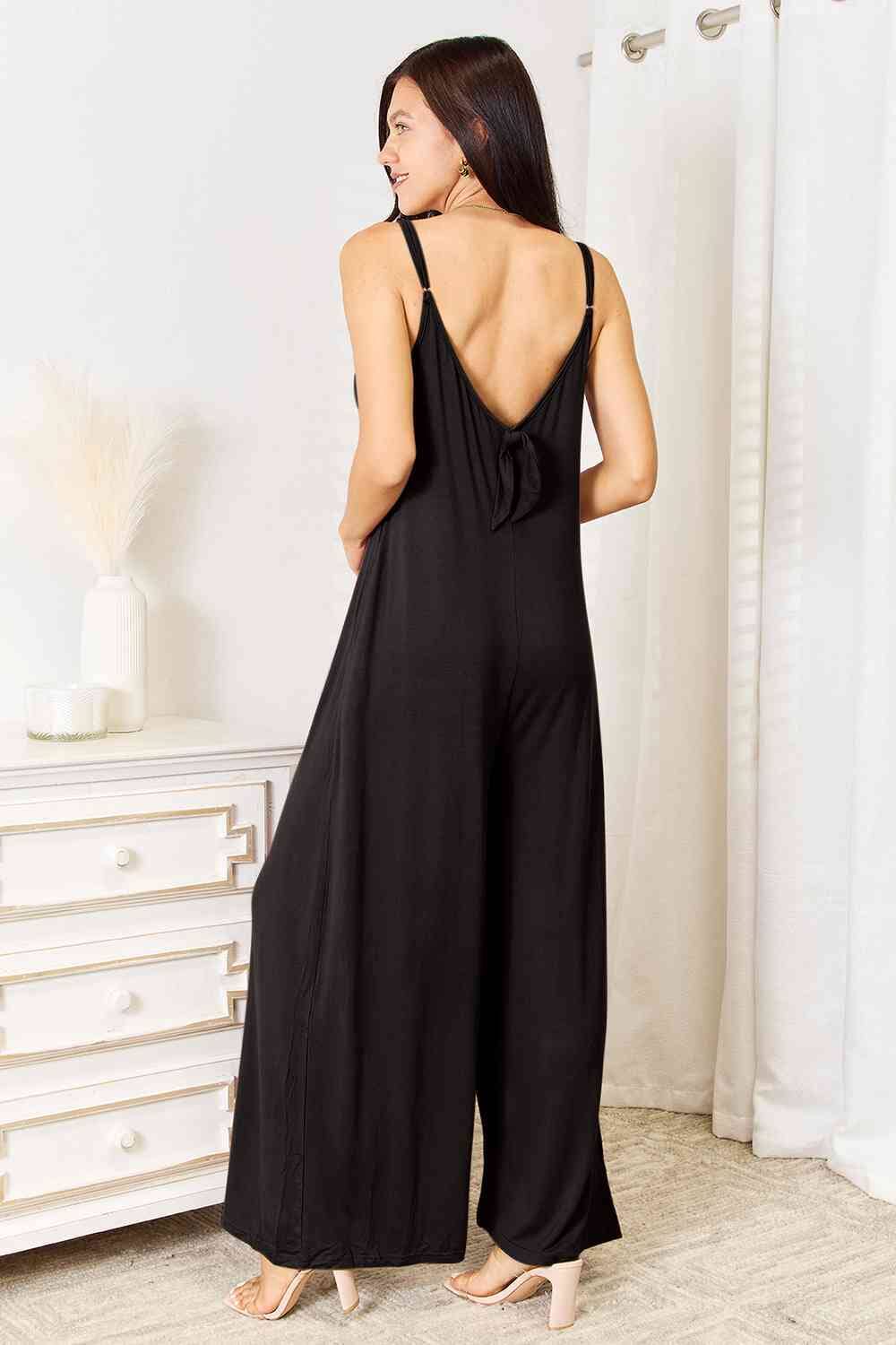 Double Take Soft Rayon Spaghetti Strap Tied Wide Leg Jumpsuit Jumpsuits & Rompers jehouze