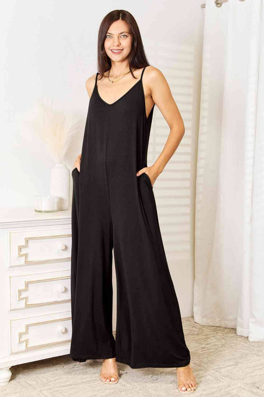 Double Take Soft Rayon Spaghetti Strap Tied Wide Leg Jumpsuit Jumpsuits & Rompers jehouze Black S