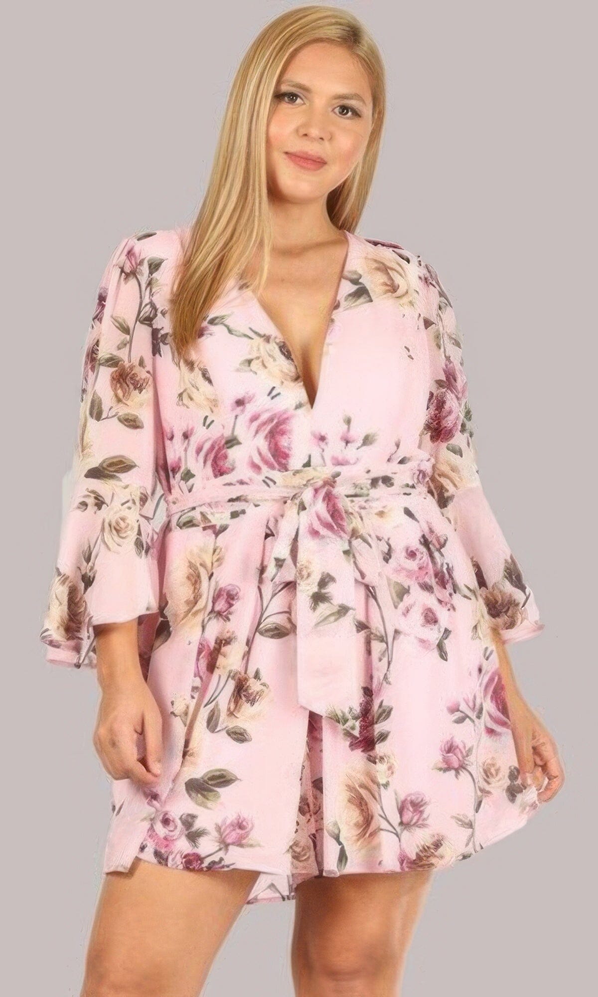 Floral Chiffon 3 4 Sleeve Tie Waist Romper jehouze 1XL