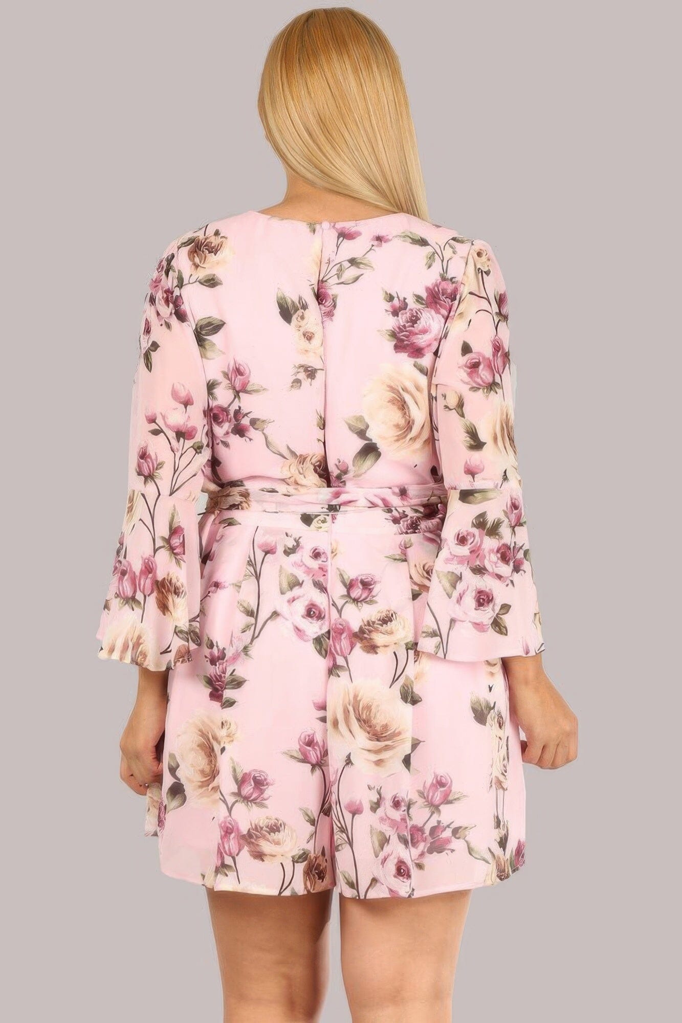 Floral Chiffon 3 4 Sleeve Tie Waist Romper jehouze