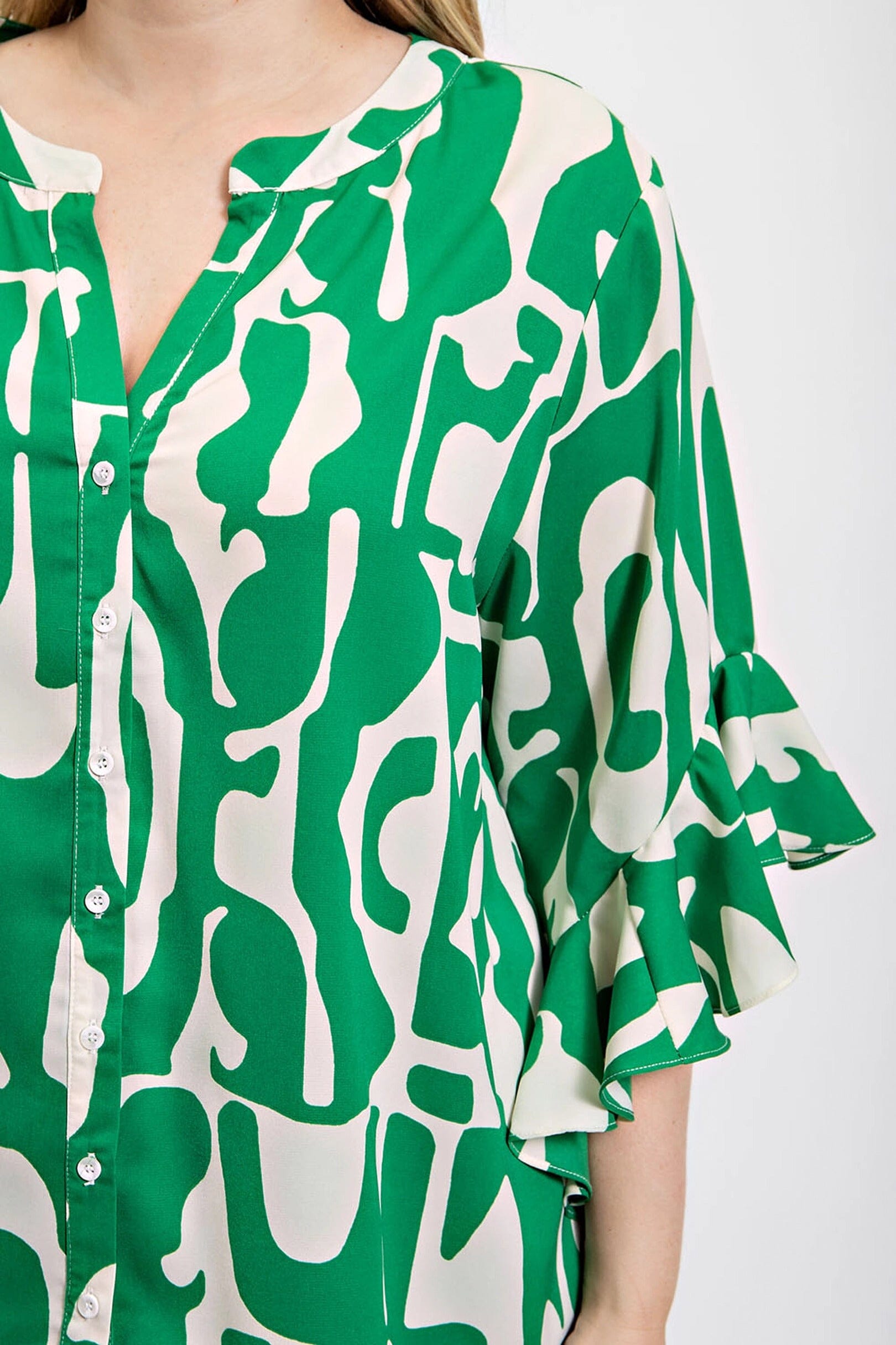 Geometric print ruffled bell sleeve woven top Shirts & Tops jehouze