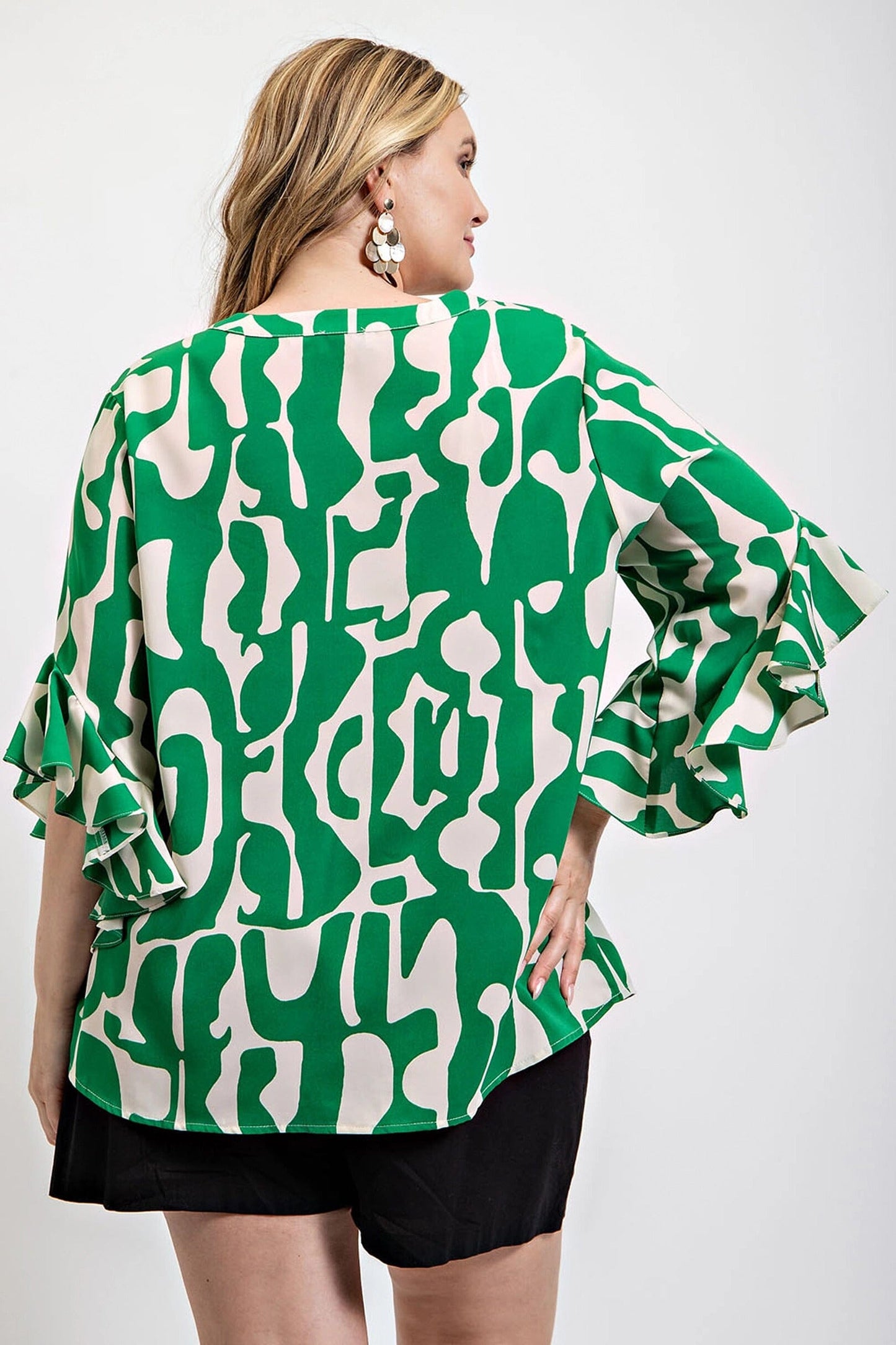 Geometric print ruffled bell sleeve woven top Shirts & Tops jehouze