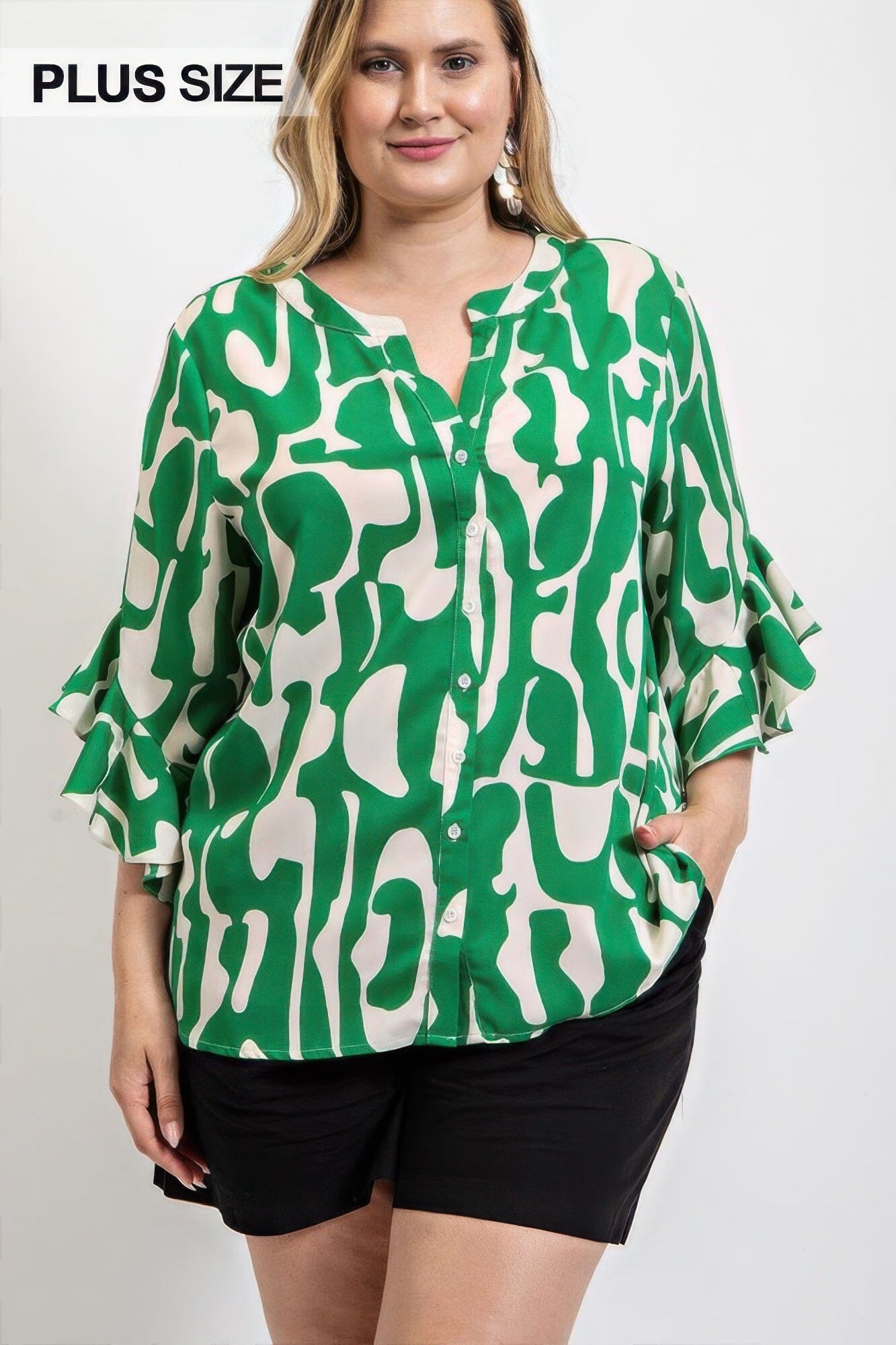 Geometric print ruffled bell sleeve woven top Shirts & Tops jehouze XL