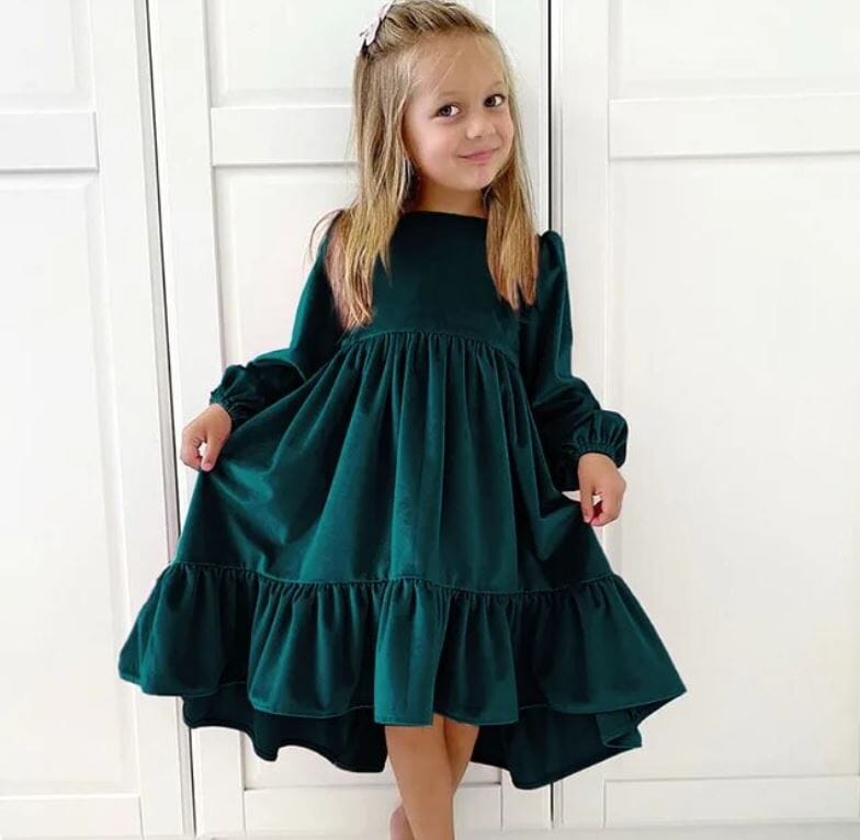 Girl Children Velvet Long Sleeve Ruffle Tiered A Line Swing Party Dress Baby & Toddler Dresses jehouze Green S(7-8y) 