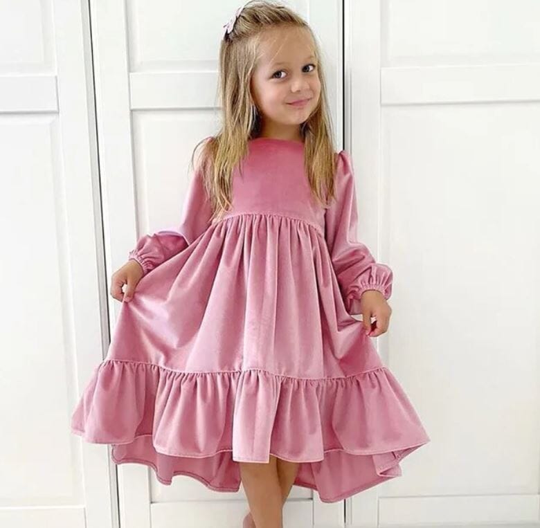 Girl Children Velvet Long Sleeve Ruffle Tiered A Line Swing Party Dress Baby & Toddler Dresses jehouze Pink S(7-8y) 