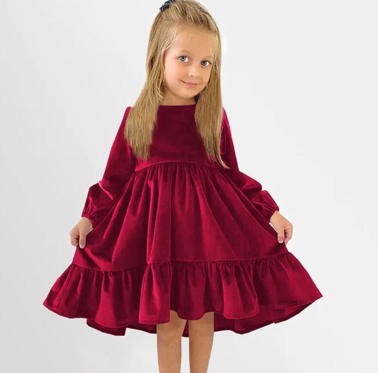 Girl Children Velvet Long Sleeve Ruffle Tiered A Line Swing Party Dress Baby & Toddler Dresses jehouze Red S(7-8y) 