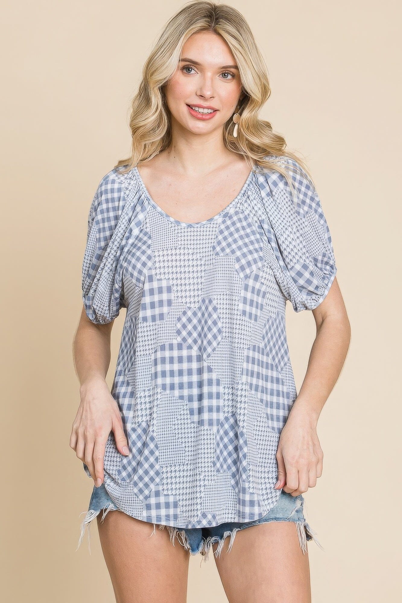 Grey Check Plaid Short Bubble Sleeves Round Neck Top Shirts & Tops jehouze S