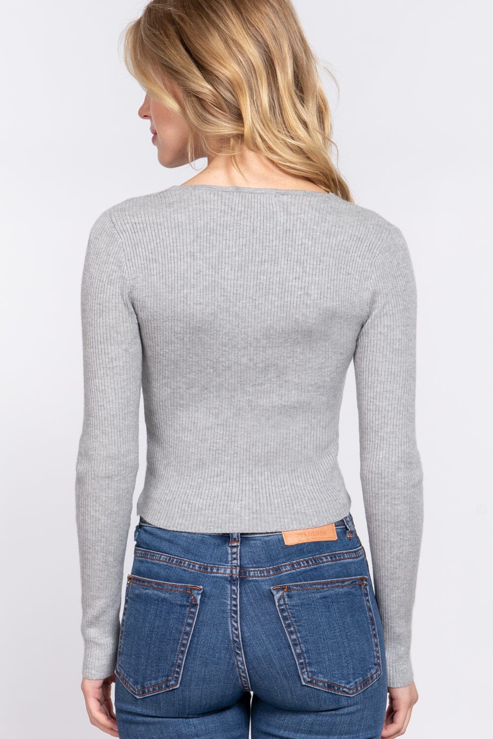 Grey Long Sleeve V Neck Front Shirring Tie Rib Crop Sweater Shirts & Tops jehouze 