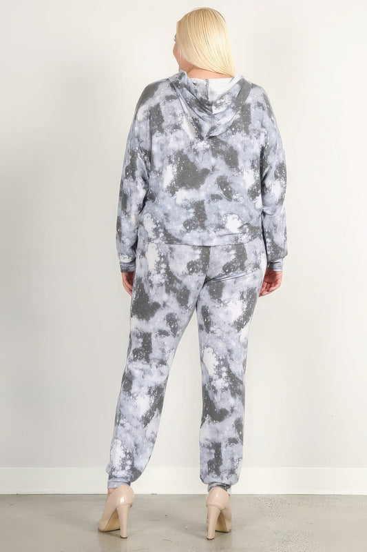 Grey Tie Dye Print Pullover Hoodie And Sweatpants activewear set Outfit Sets jehouze