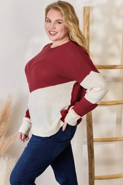 Hailey & Co Red Color Block Dropped Shoulder Knit Long Sleeve Top Shirts & Tops jehouze 