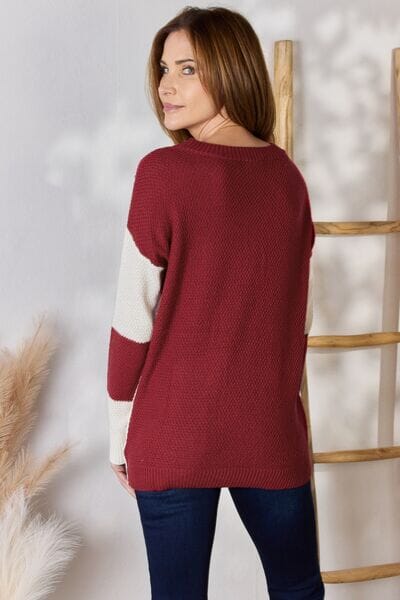 Hailey & Co Red Color Block Dropped Shoulder Knit Long Sleeve Top Shirts & Tops jehouze 