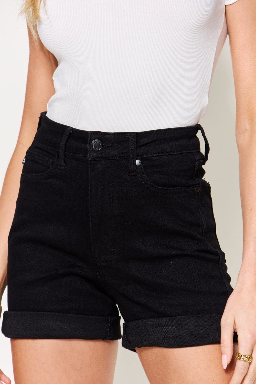 Judy Blue Black High Waist Tummy Control Cuffed Denim Shorts jeans jehouze