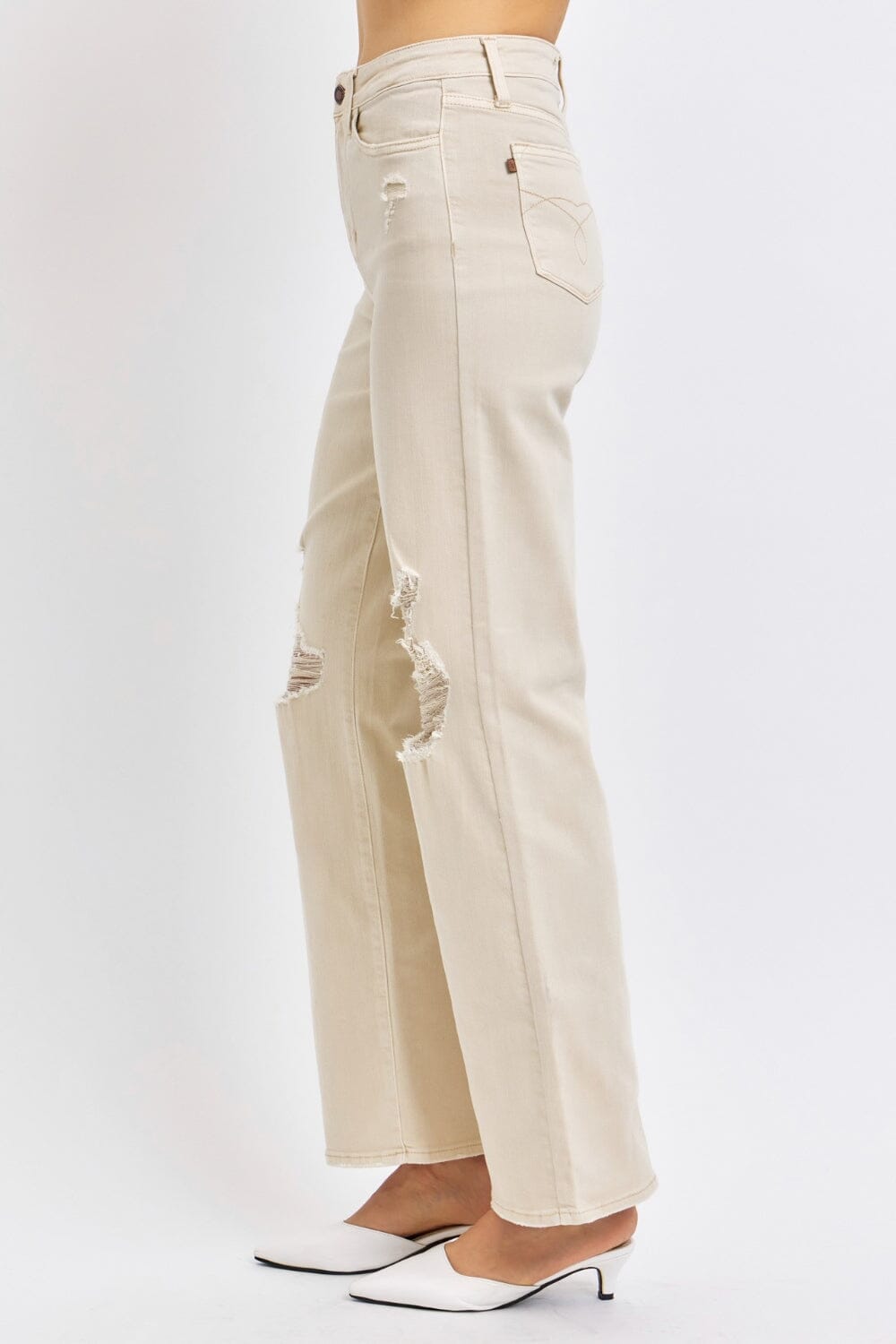 Judy Blue Bone Beige High Waist Distressed Wide Leg Jeans jeans jehouze