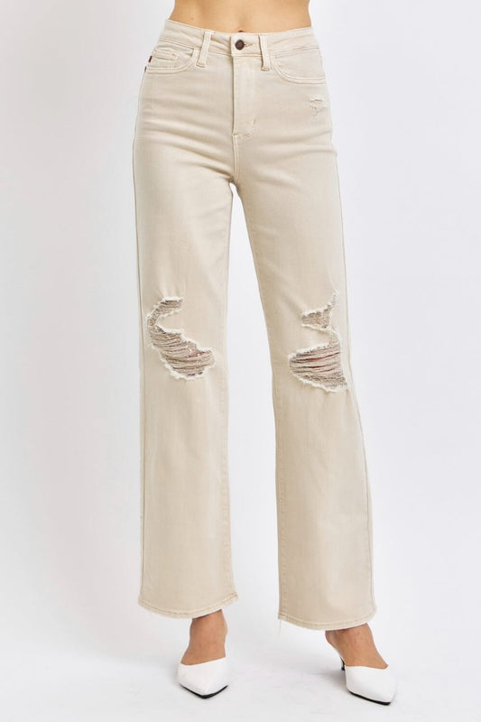 Judy Blue Bone Beige High Waist Distressed Wide Leg Jeans jeans jehouze BONE 0(24)