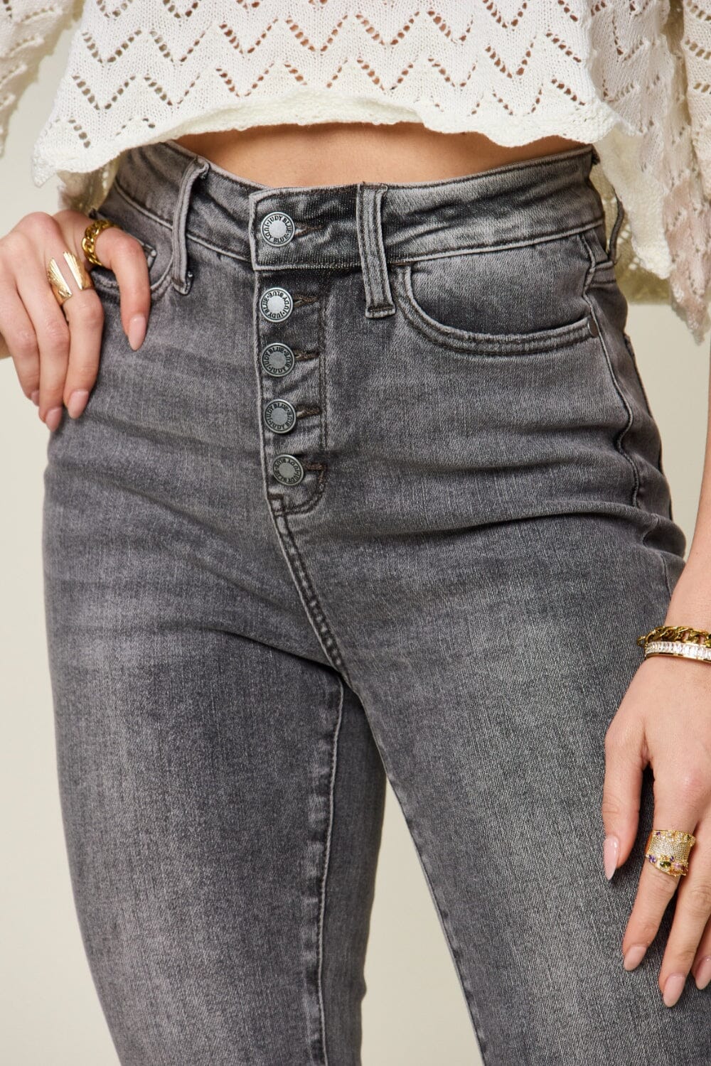 Judy Blue Grey Button Fly High Waist Cuffed Capris jean jeans jehouze