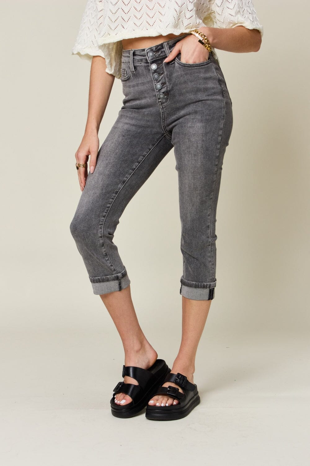 Judy Blue Grey Button Fly High Waist Cuffed Capris jean jeans jehouze
