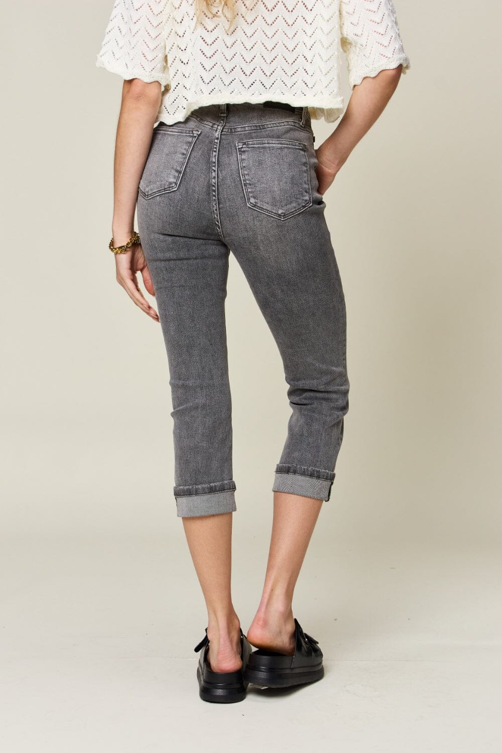 Judy Blue Grey Button Fly High Waist Cuffed Capris jean jeans jehouze
