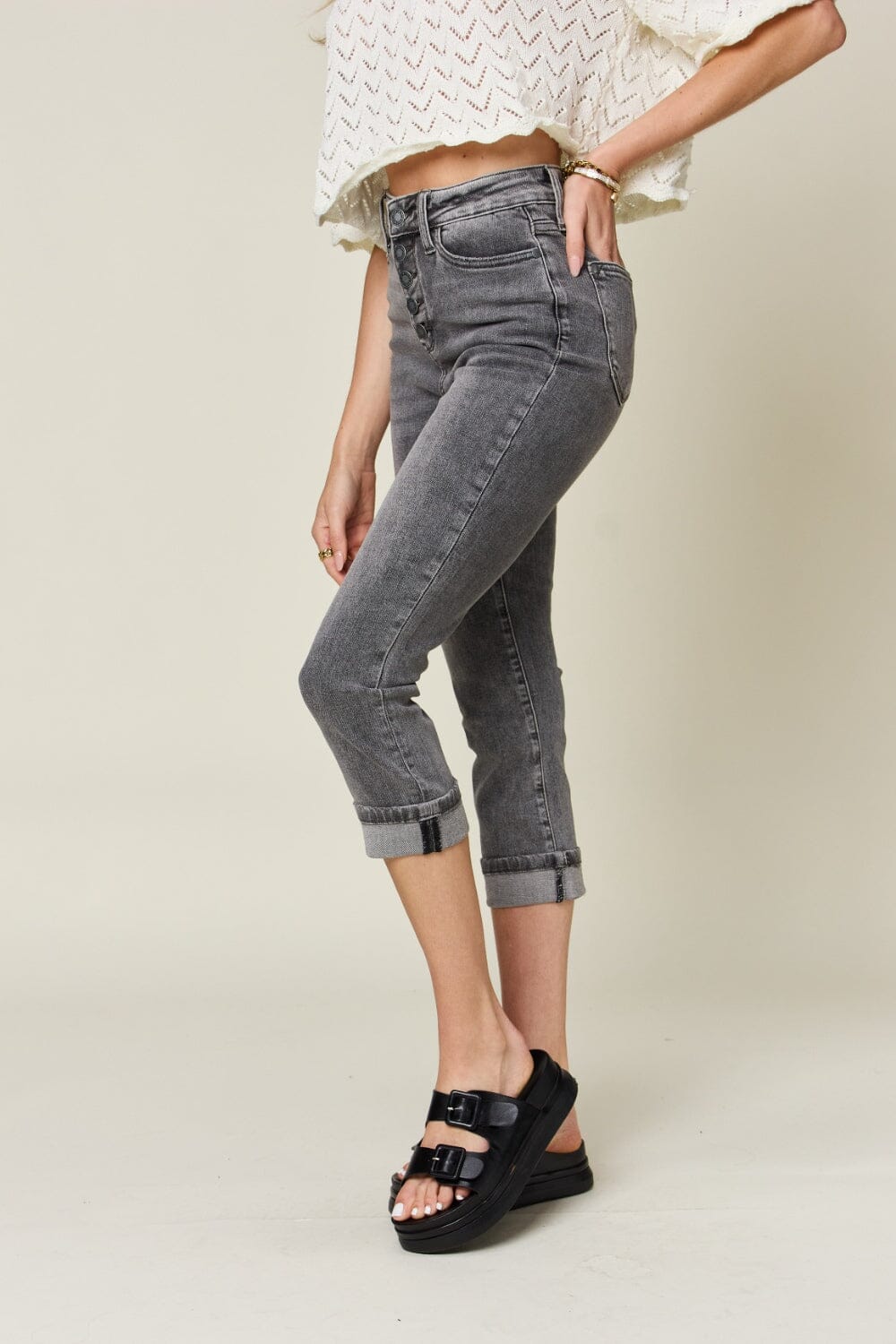 Judy Blue Grey Button Fly High Waist Cuffed Capris jean jeans jehouze