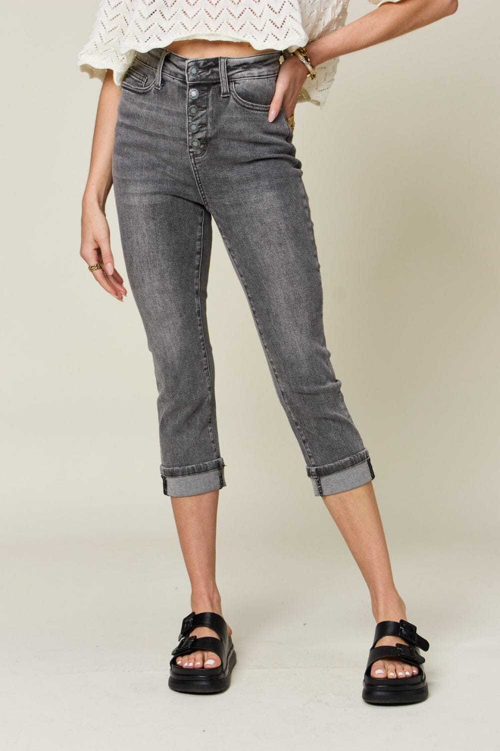 Judy Blue Grey Button Fly High Waist Cuffed Capris jean jeans jehouze GRAY 0(24)