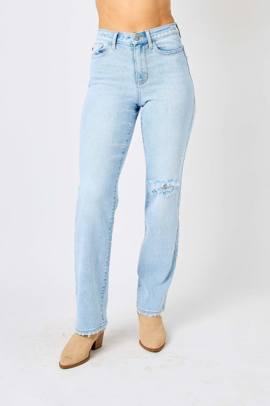 Judy Blue Light Blue High Waist Distressed Straight Jeans jeans jehouze