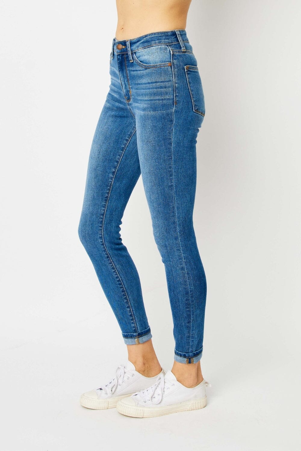 Judy Blue Medium Blue Cuffed Hem Skinny Jeans jeans jehouze