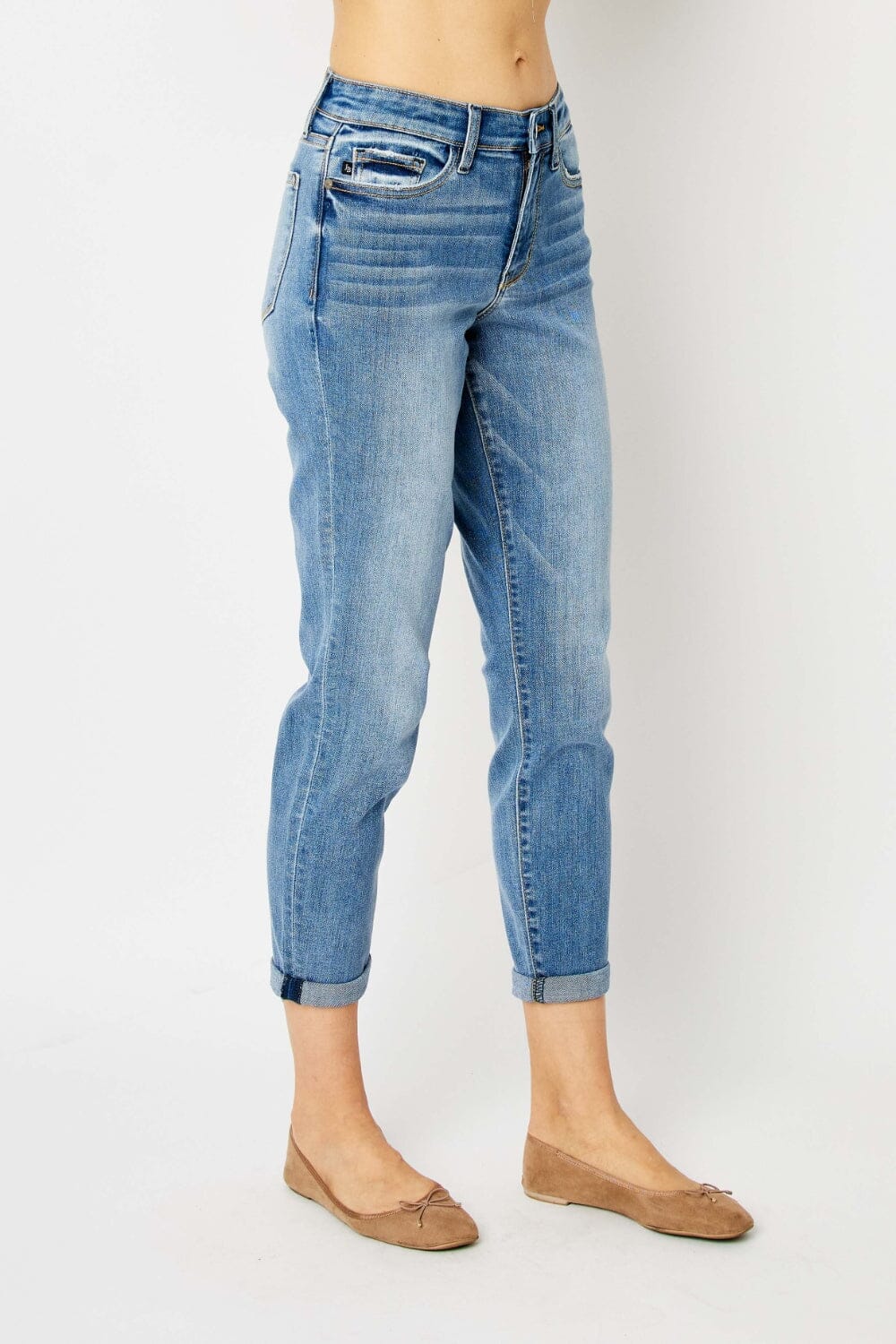 Judy Blue Medium Blue Cuffed Hem Slim Jeans jeans jehouze