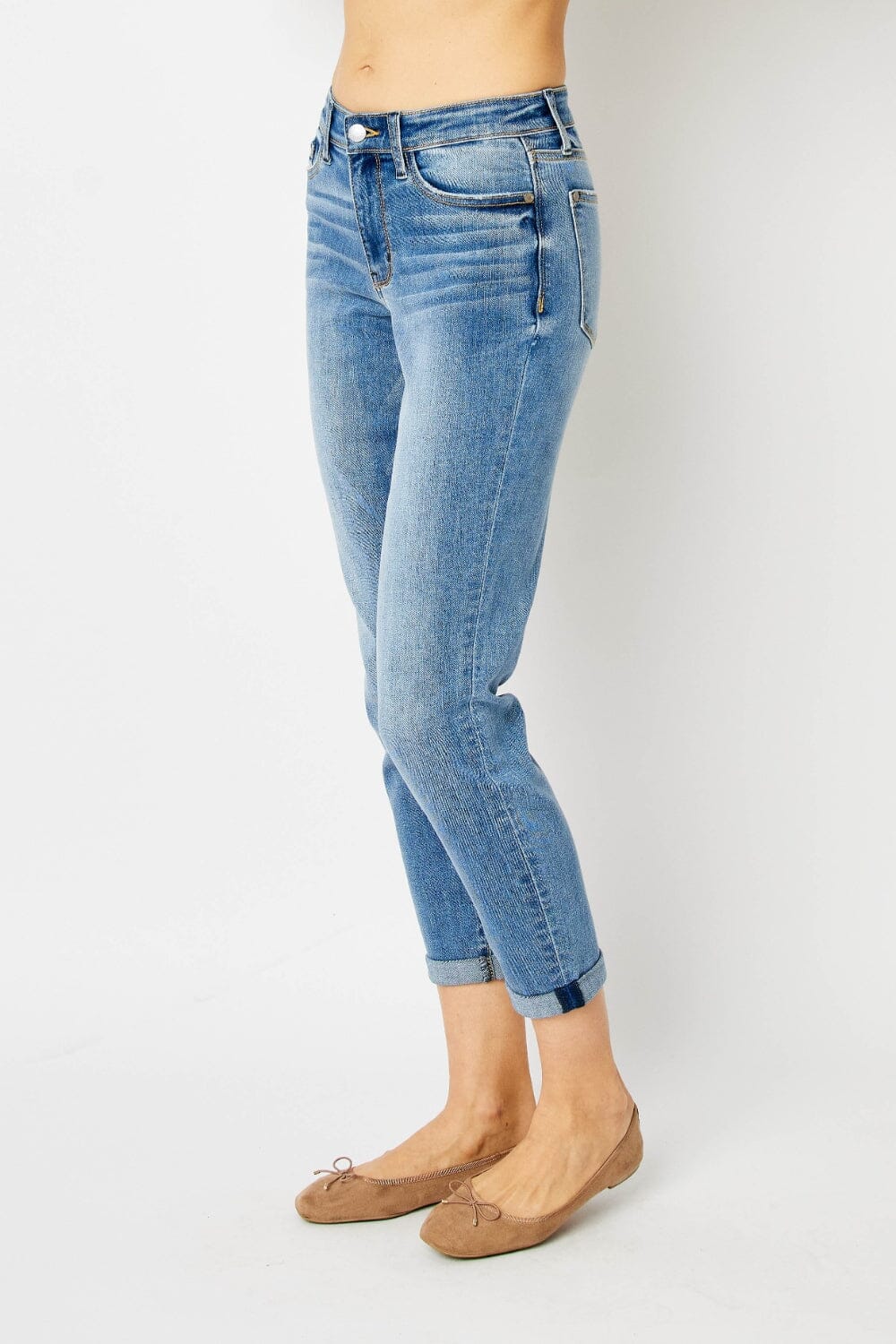 Judy Blue Medium Blue Cuffed Hem Slim Jeans jeans jehouze