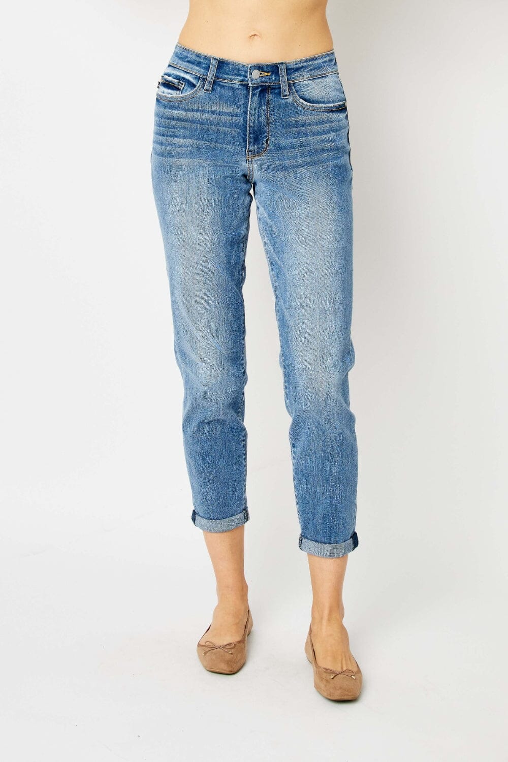 Judy Blue Medium Blue Cuffed Hem Slim Jeans jeans jehouze