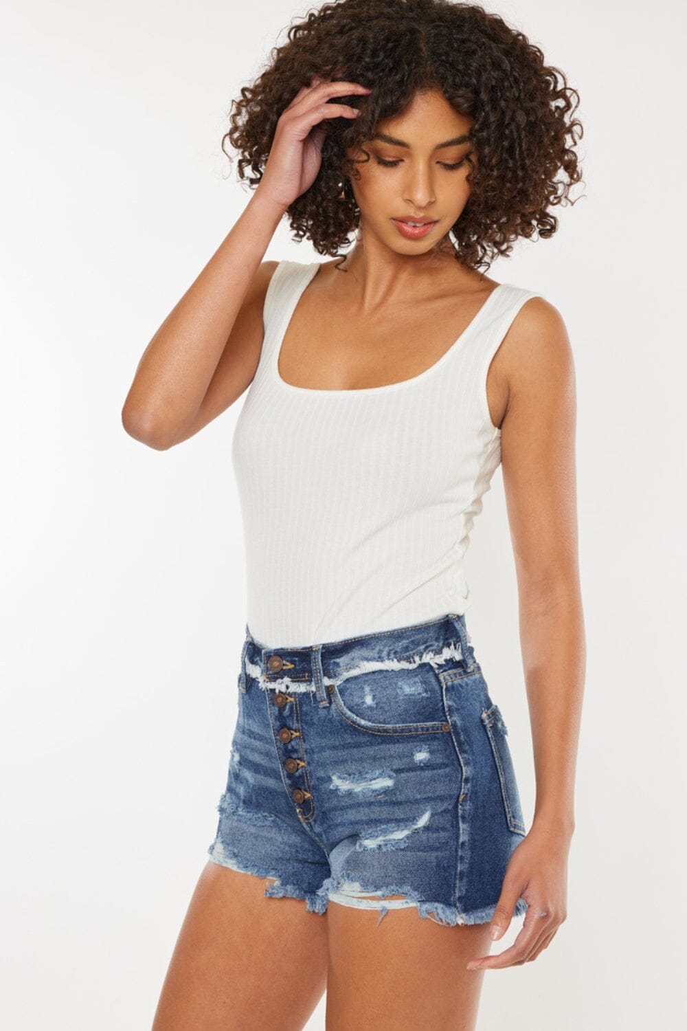 Kancan Dark Blue Distressed Button Fly Denim Shorts jeans jehouze