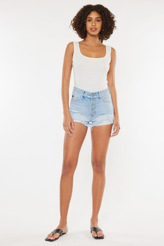 Kancan Medium Blue Distressed Button Fly Denim Shorts jeans jehouze