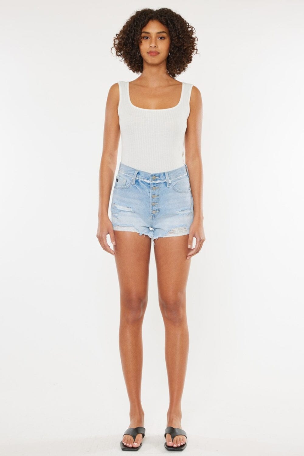 Kancan Medium Blue Distressed Button Fly Denim Shorts jeans jehouze