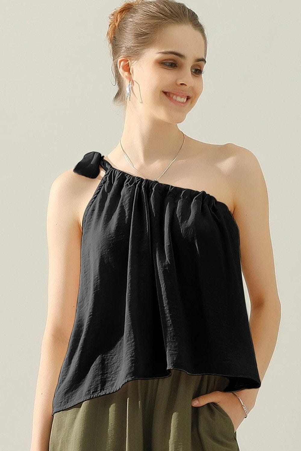 Ninexis One Shoulder Bow Tie Strap Satin Silk Top Shirts & Tops jehouze 