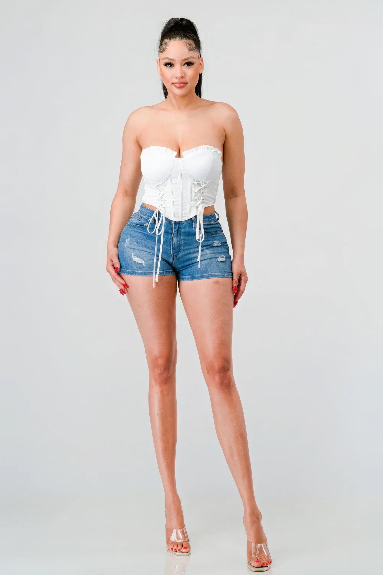 Off White Luxe sweetheart ruffled drawstring lace bustier top Shirts & Tops jehouze S