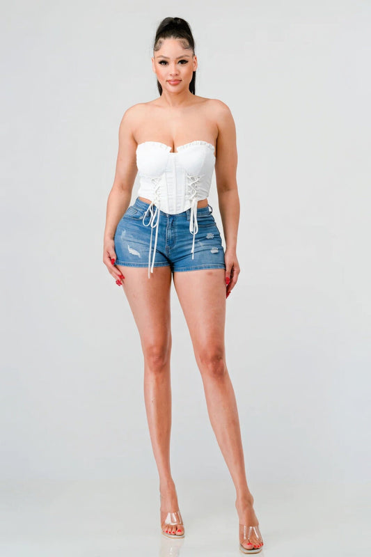 Off White Luxe sweetheart ruffled drawstring lace bustier top Shirts & Tops jehouze S
