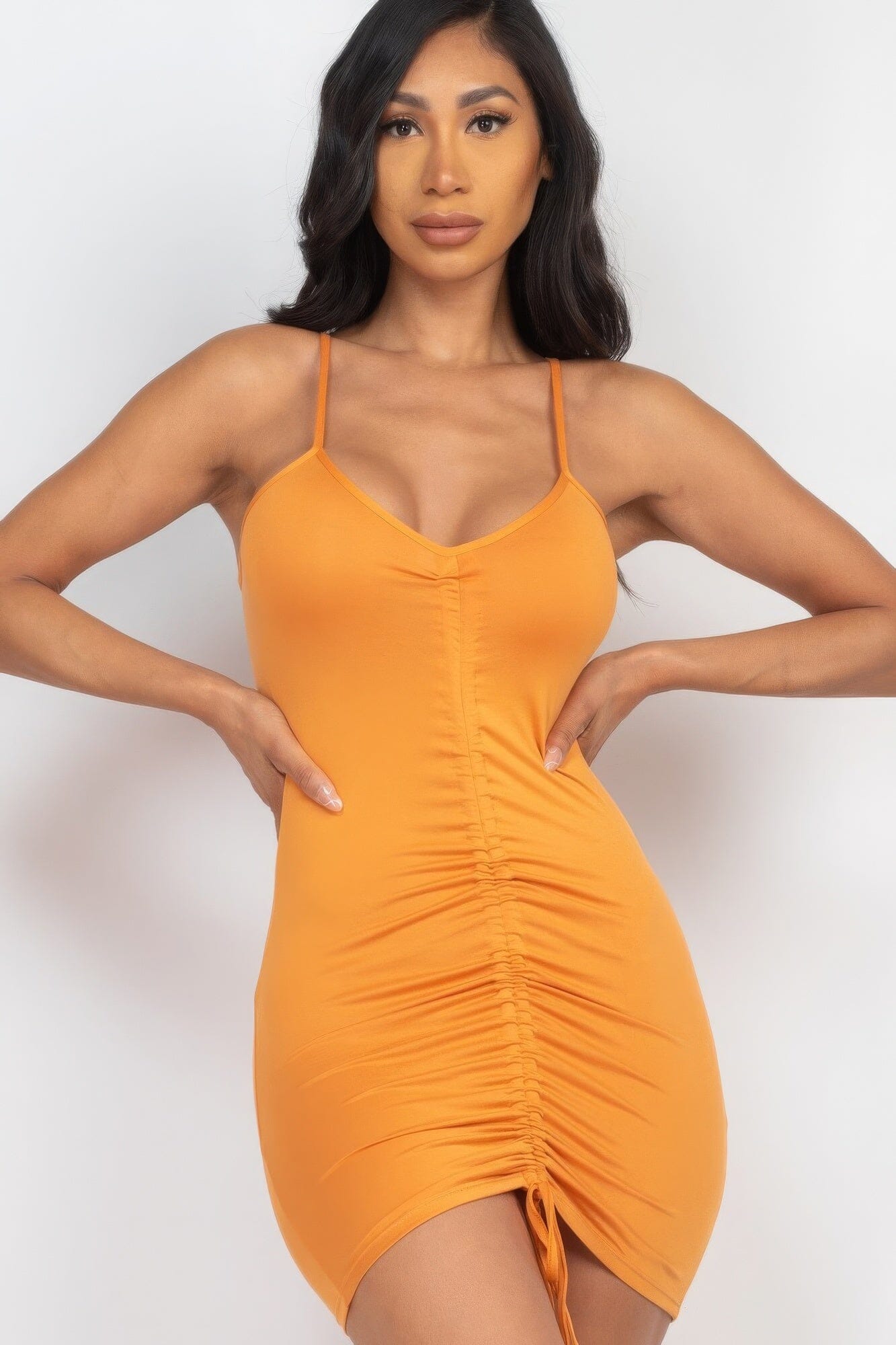 Orange Adjustable Ruched Front Detail Bodycon Mini Dress Dressers jehouze 
