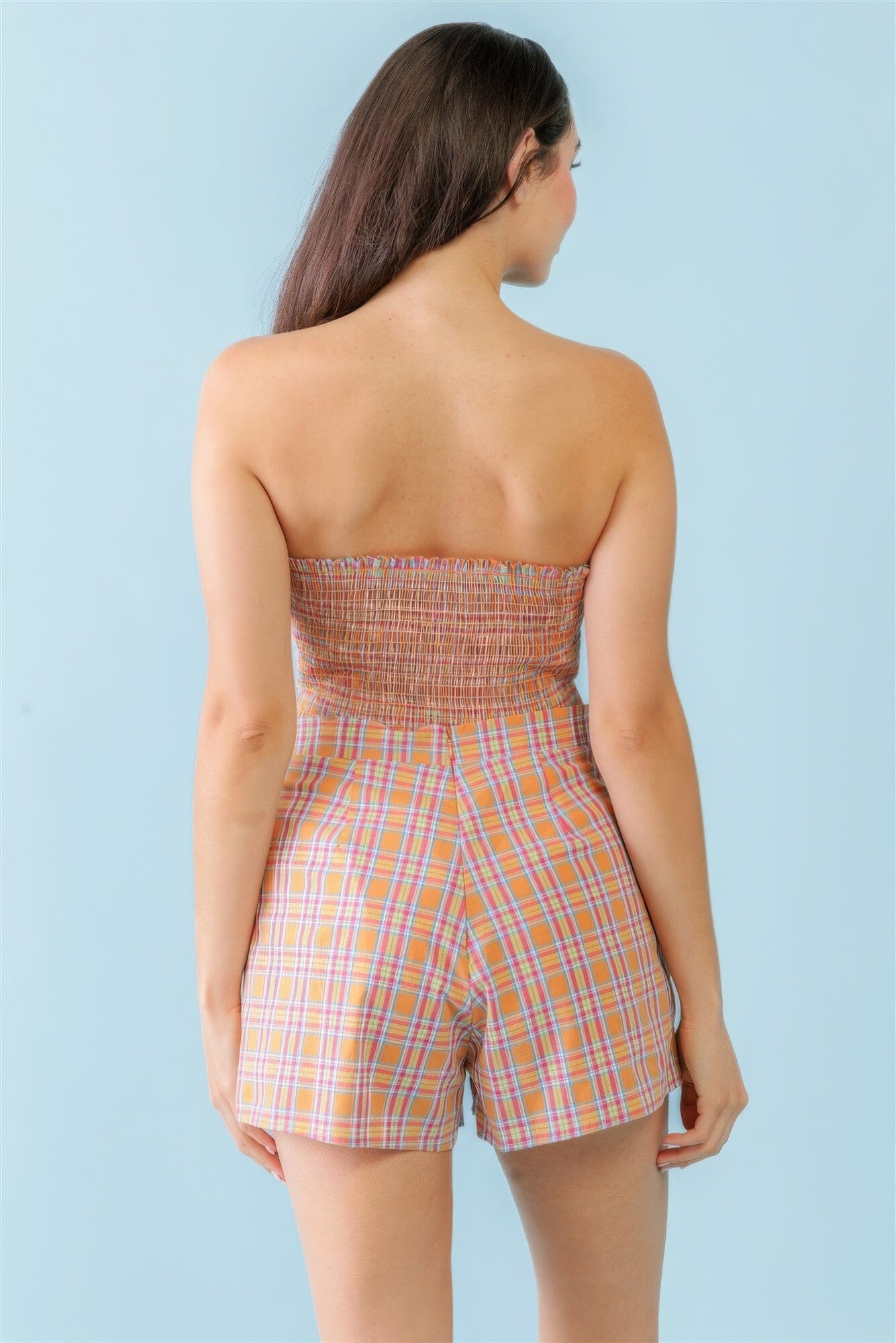 Orange & Aqua Plaid Print Cotton Strapless Crop Top & High Waist Two Pocket Shorts Outfit Set Outfit Sets jehouze