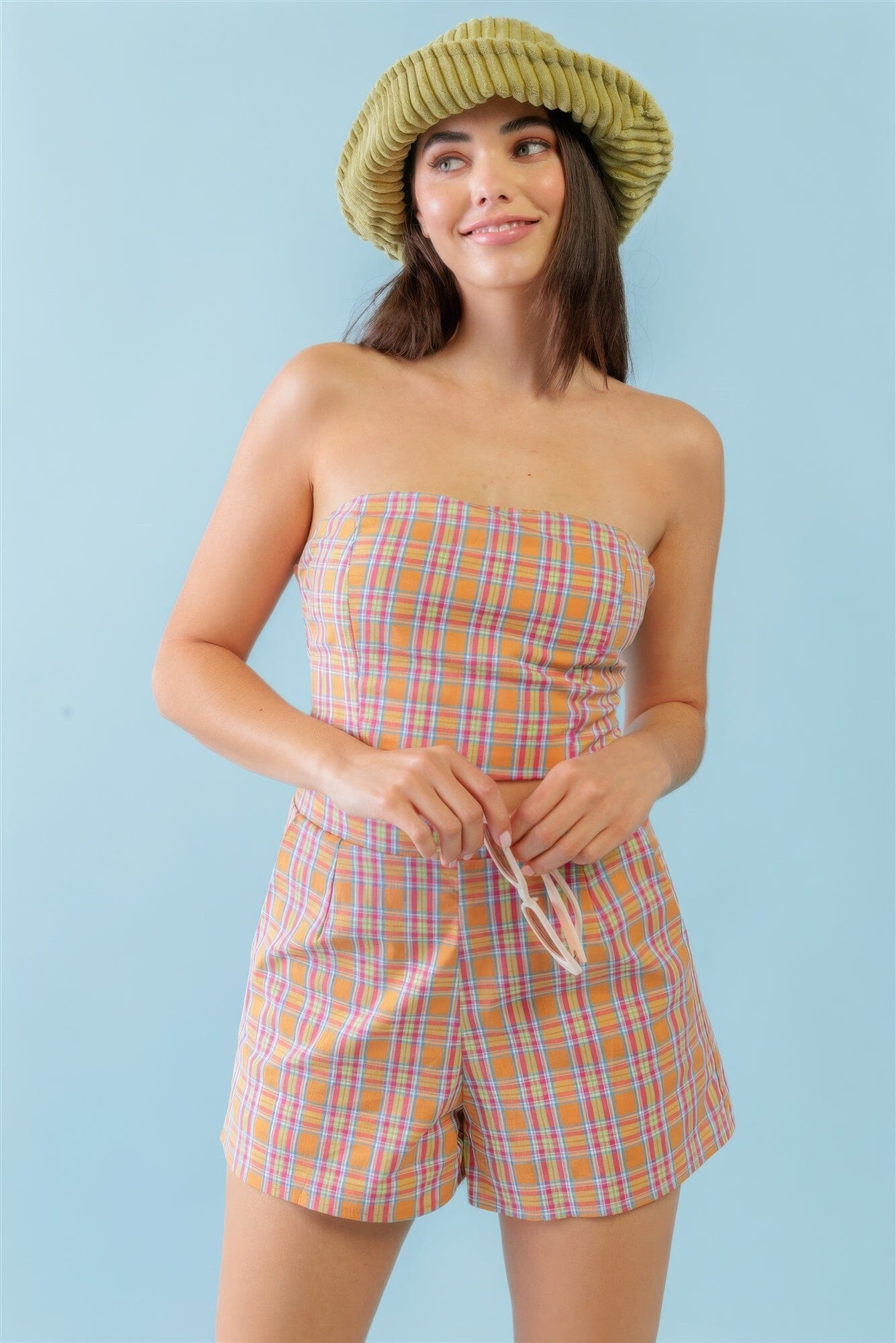 Orange & Aqua Plaid Print Cotton Strapless Crop Top & High Waist Two Pocket Shorts Outfit Set Outfit Sets jehouze