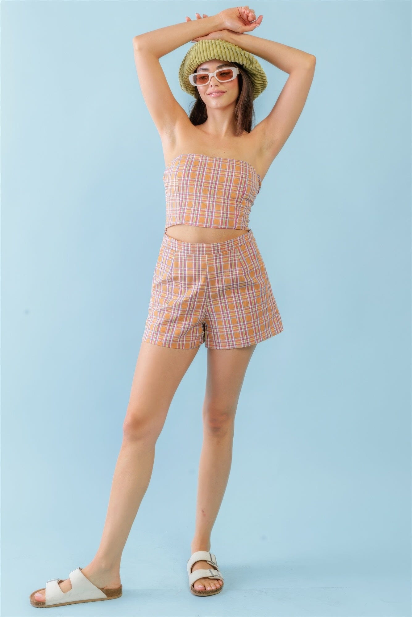 Orange & Aqua Plaid Print Cotton Strapless Crop Top & High Waist Two Pocket Shorts Outfit Set Outfit Sets jehouze