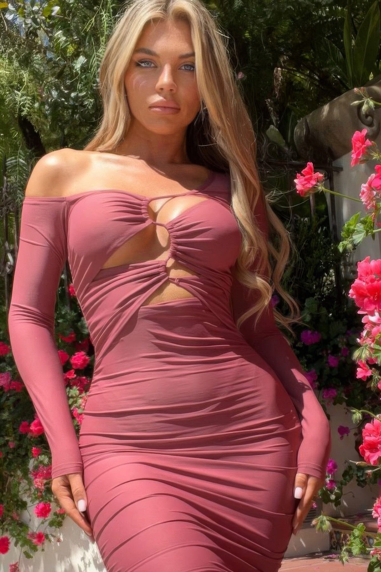 Pink Long Sleeve All Over Cutout Mini Dress Dresses jehouze