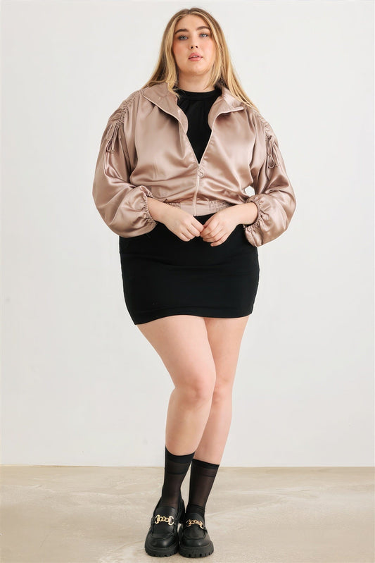 Plus Satin Zip-up Ruched Long Sleeve Cropped Bomber Jacket Outerwear jehouze