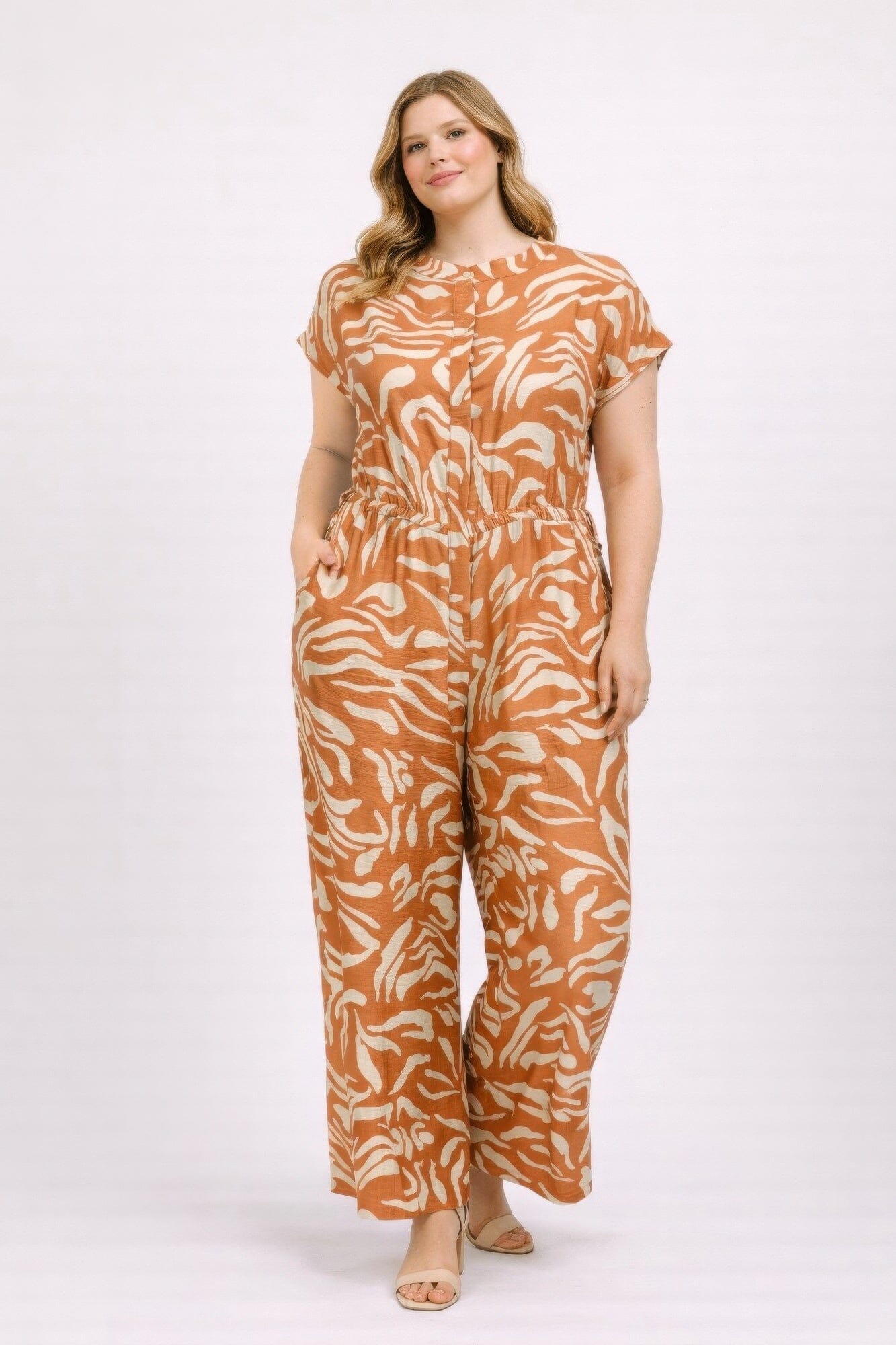 Plus Size Abstract Print Jumpsuit Jumpsuits & Rompers jehouze Khaki XL