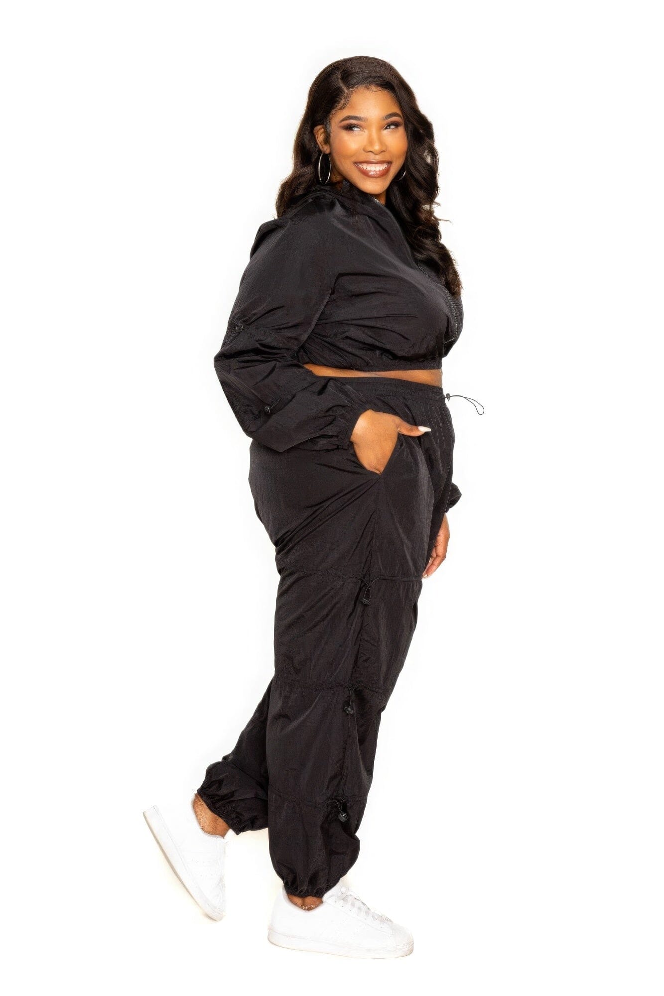 Plus Size Active Zip Up Set With Cord Lock Detail Outfit Sets jehouze