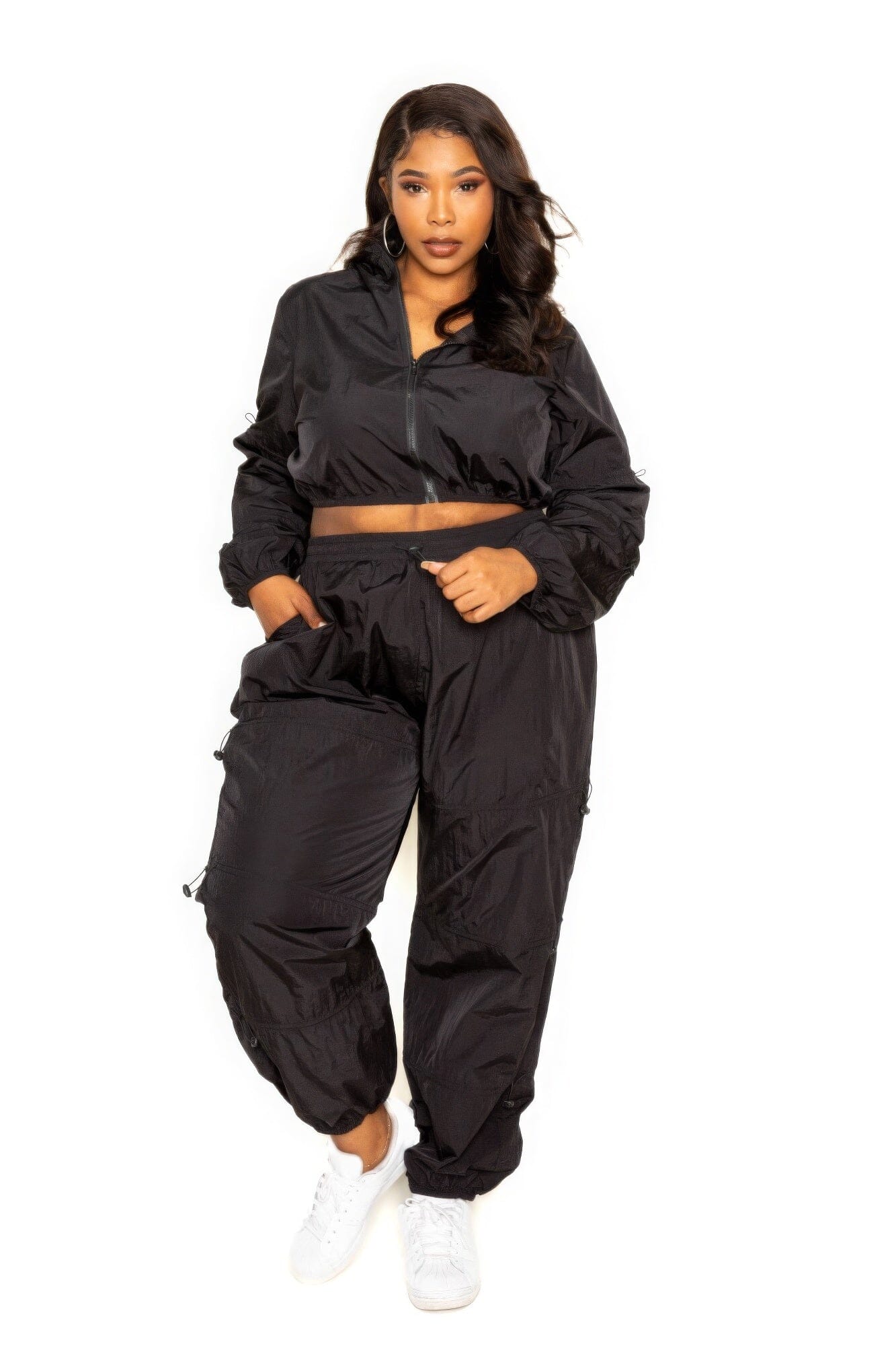 Plus Size Active Zip Up Set With Cord Lock Detail Outfit Sets jehouze