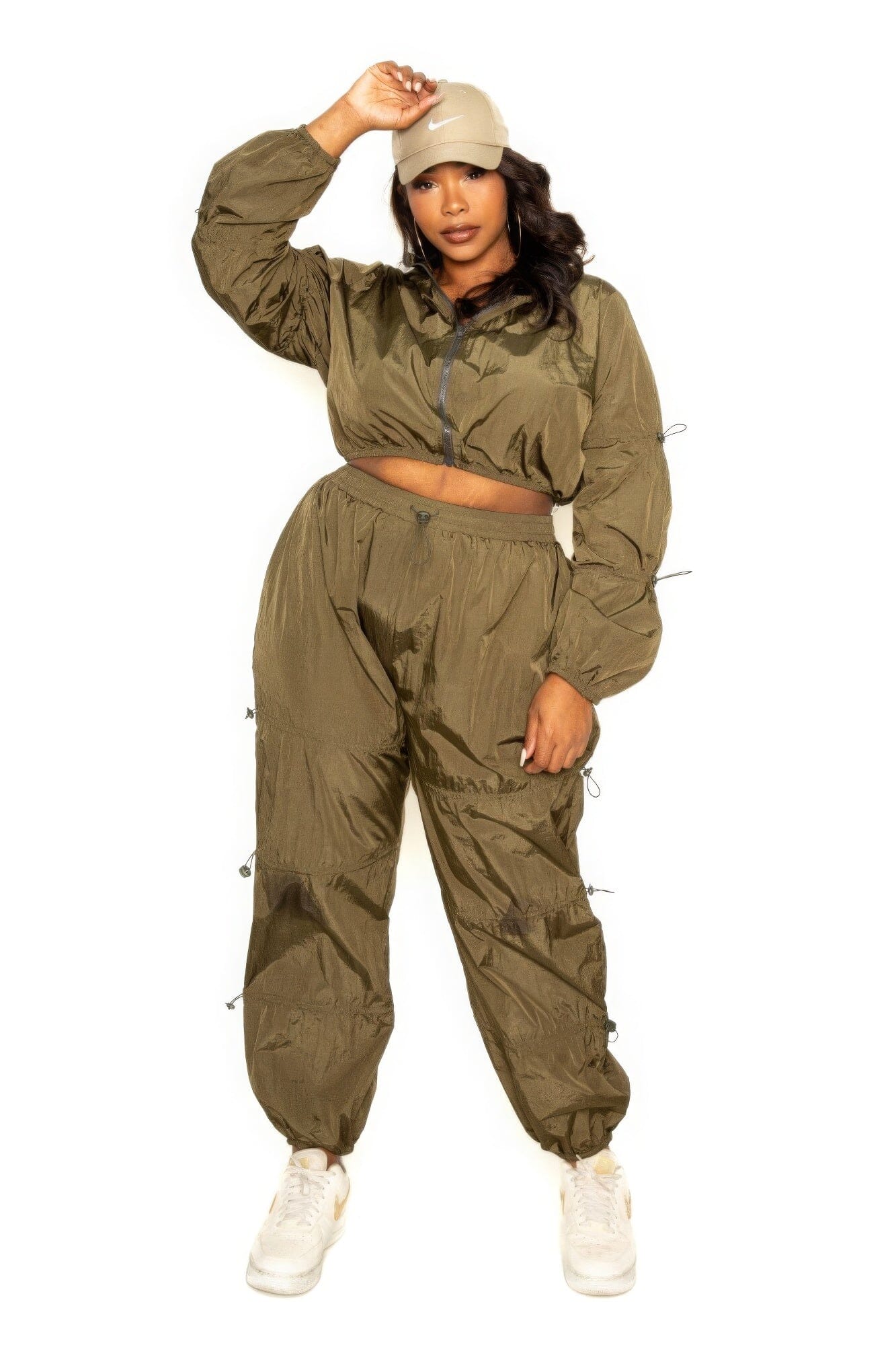 Plus Size Active Zip Up Set With Cord Lock Detail Outfit Sets jehouze