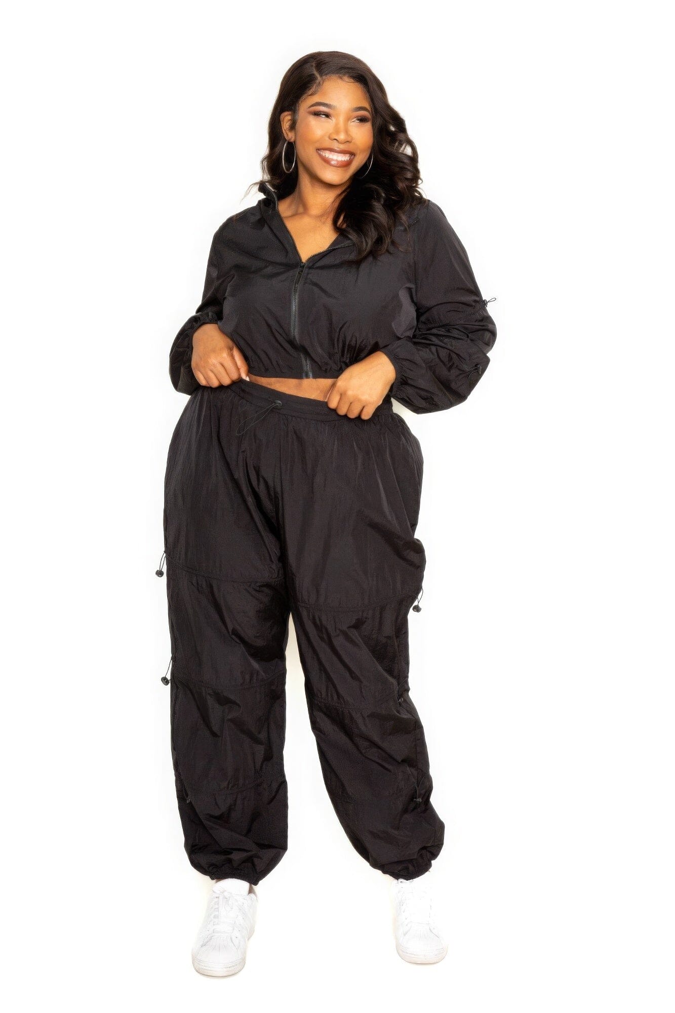 Plus Size Active Zip Up Set With Cord Lock Detail Outfit Sets jehouze Black 3XL