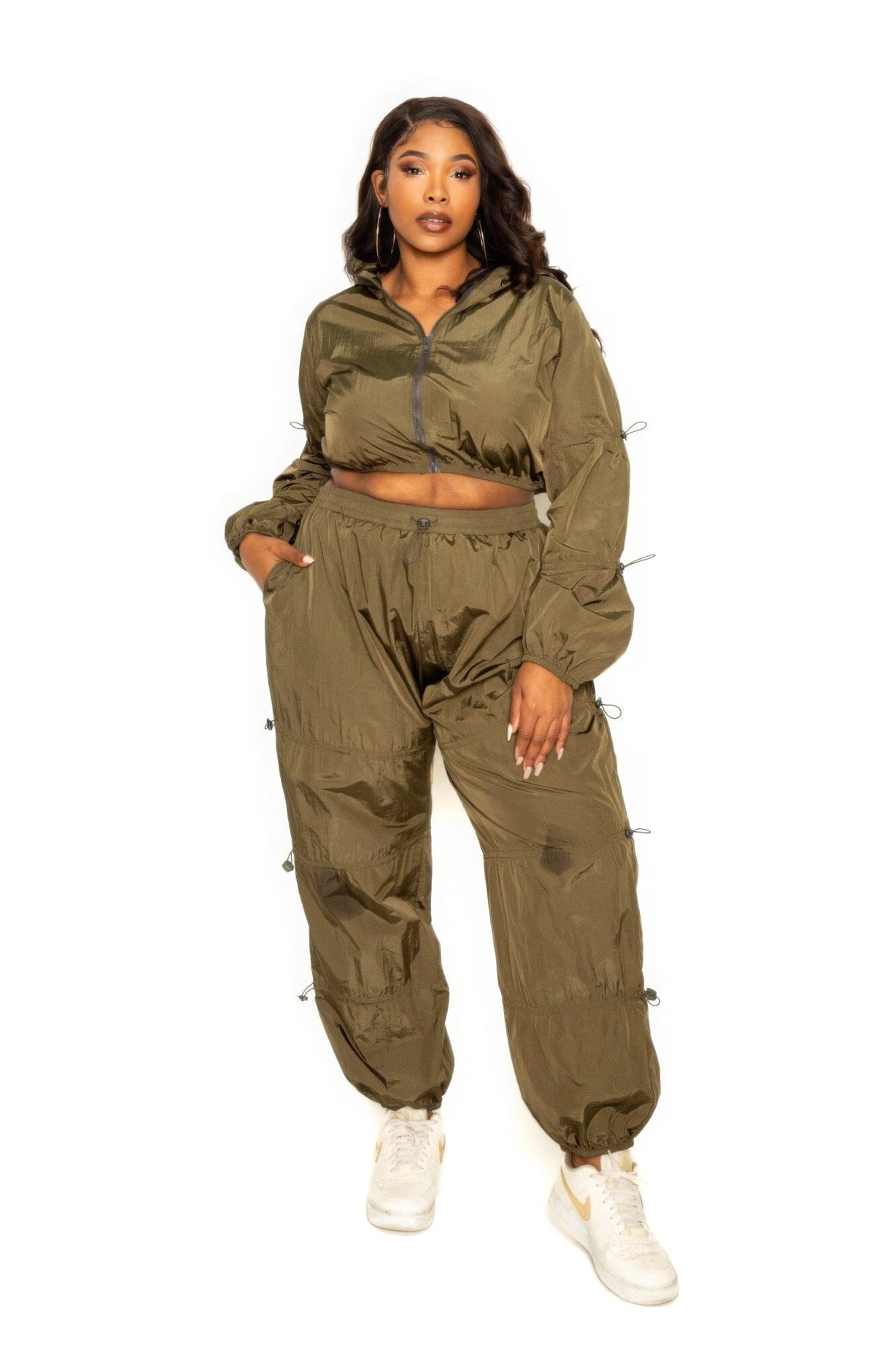 Plus Size Active Zip Up Set With Cord Lock Detail Outfit Sets jehouze Olive 3XL