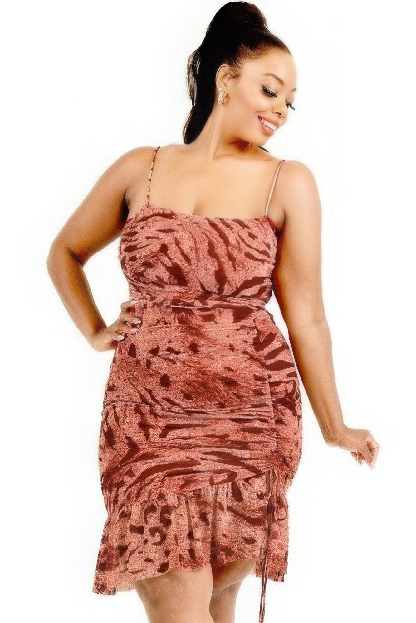Plus Size Animal print cami strap ruffle hem dress Dresses jehouze