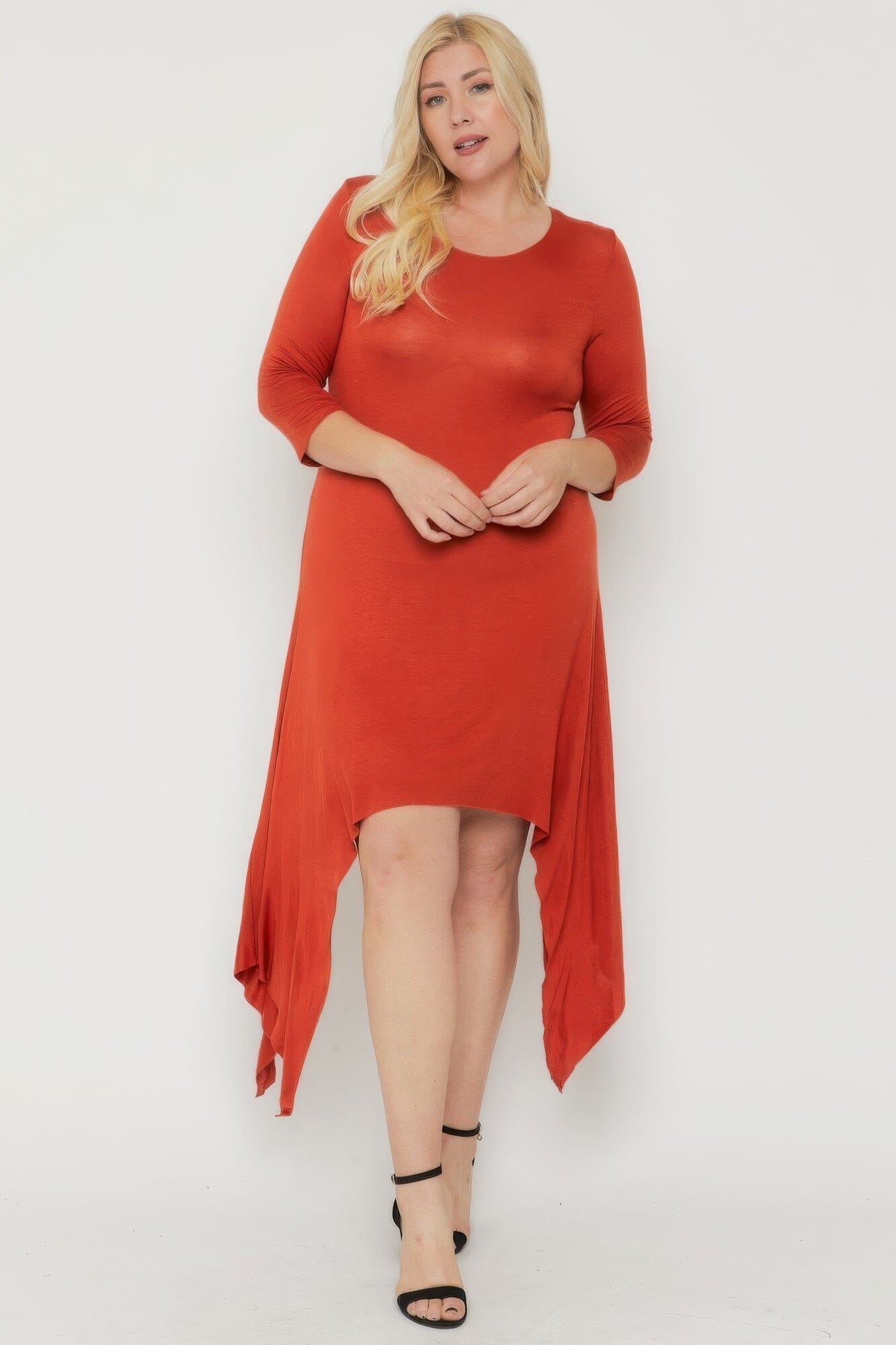 Plus Size Asymmetrical Raw Edge Hem Solid Dress Dresses jehouze Rust XL